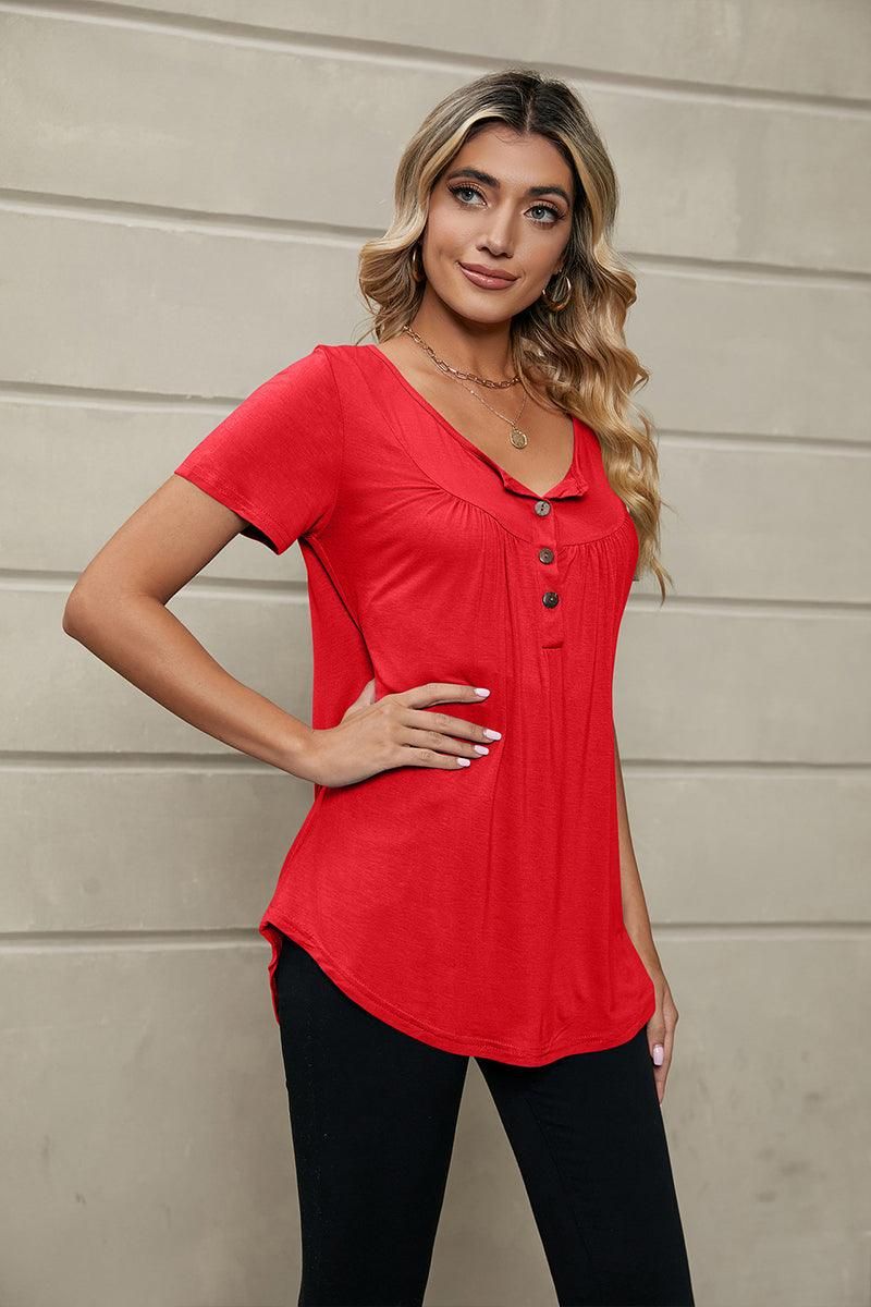 BUTTON NECK TUNIC TOP - Doublju
