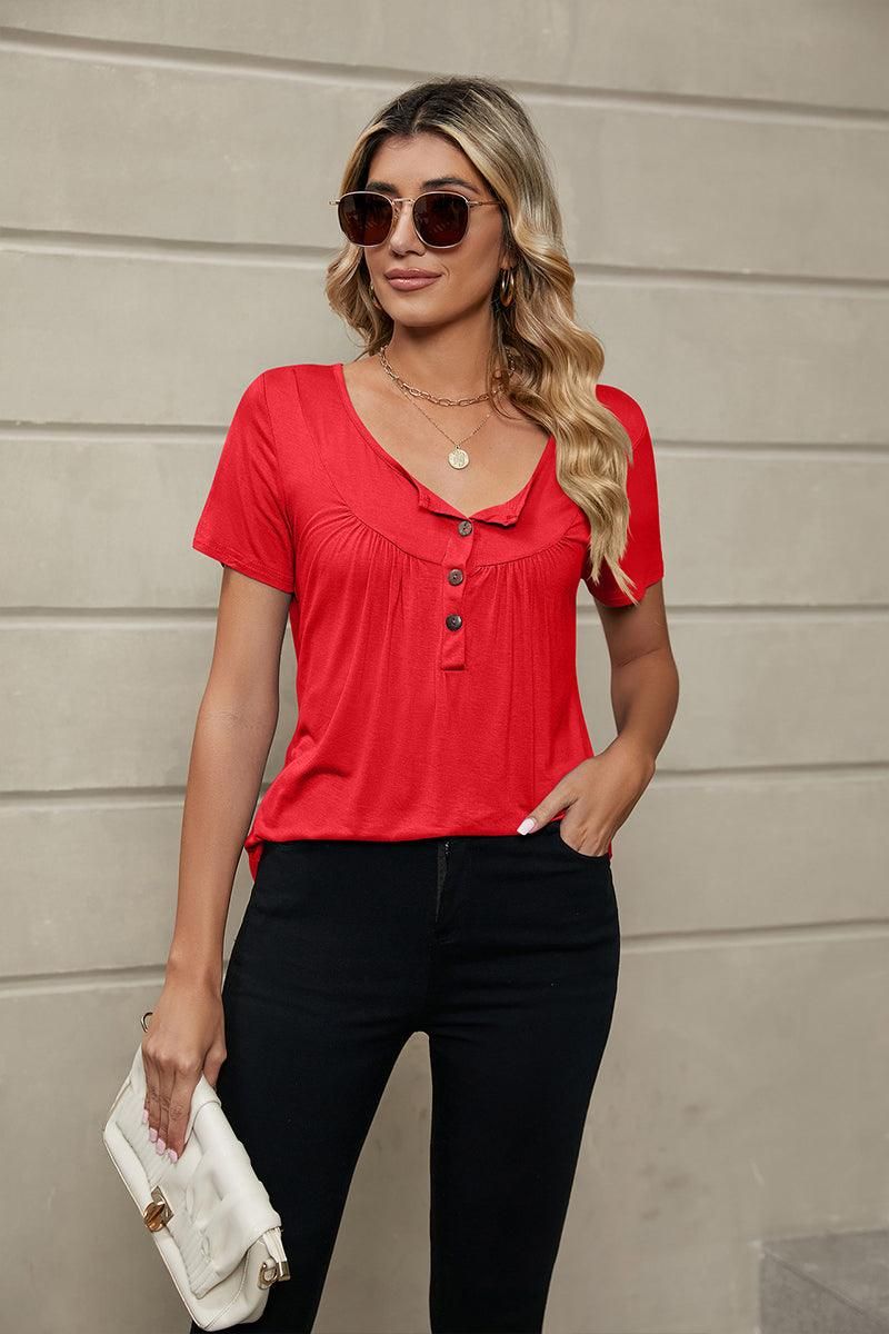 BUTTON NECK TUNIC TOP - Doublju