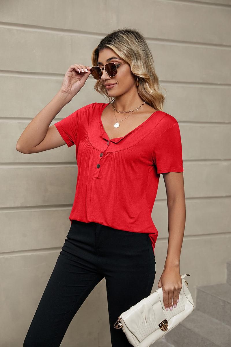 BUTTON NECK TUNIC TOP - Doublju