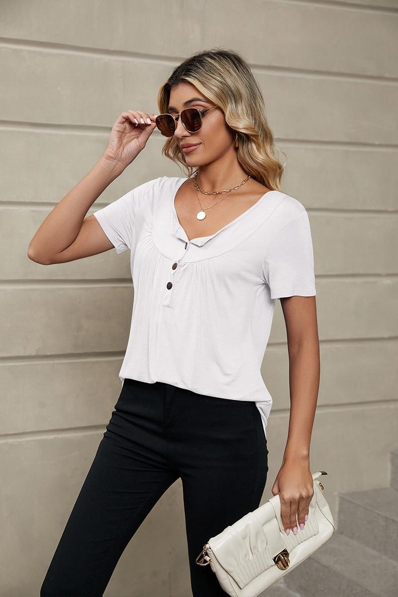 BUTTON NECK TUNIC TOP - Doublju