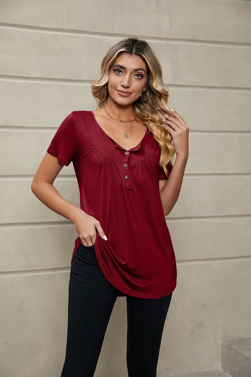 BUTTON NECK TUNIC TOP - Doublju