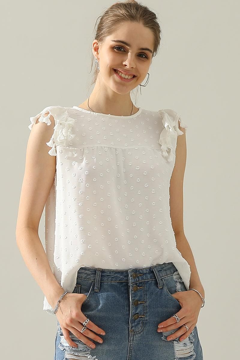 DOT LACE WRINKLED CHEST TASSEL CAP SLEEVE TEE - Doublju