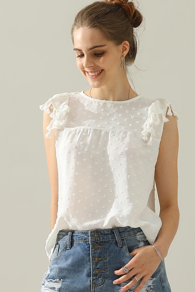 DOT LACE WRINKLED CHEST TASSEL CAP SLEEVE TEE - Doublju