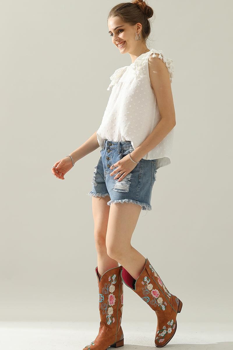 DOT LACE WRINKLED CHEST TASSEL CAP SLEEVE TEE - Doublju