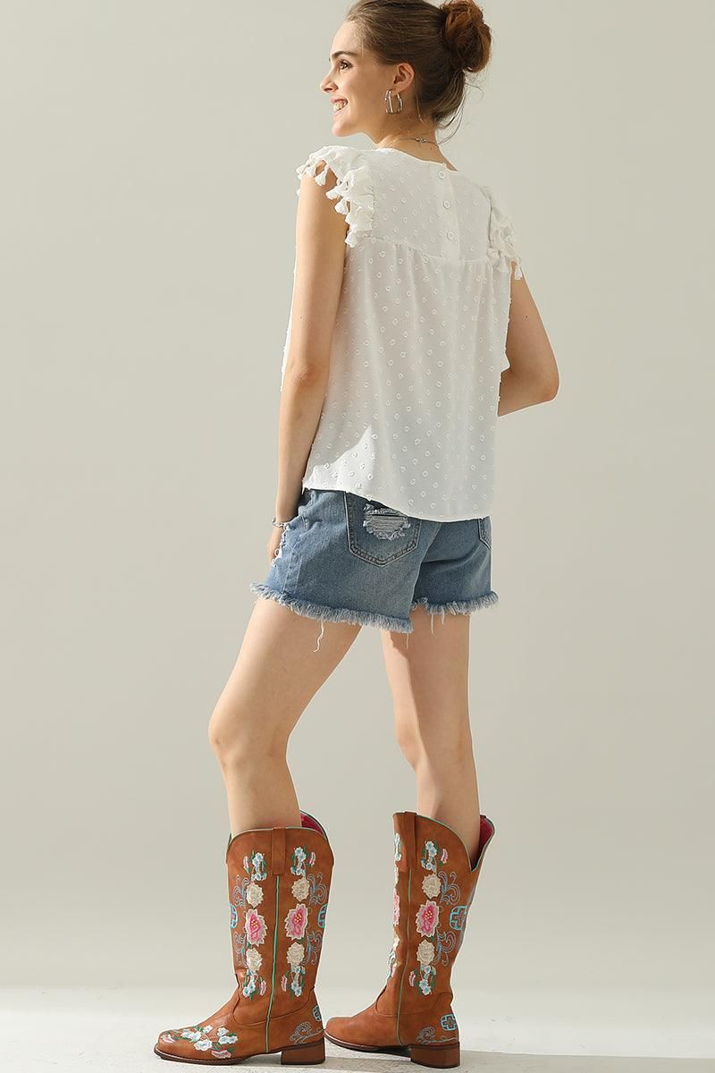 DOT LACE WRINKLED CHEST TASSEL CAP SLEEVE TEE - Doublju
