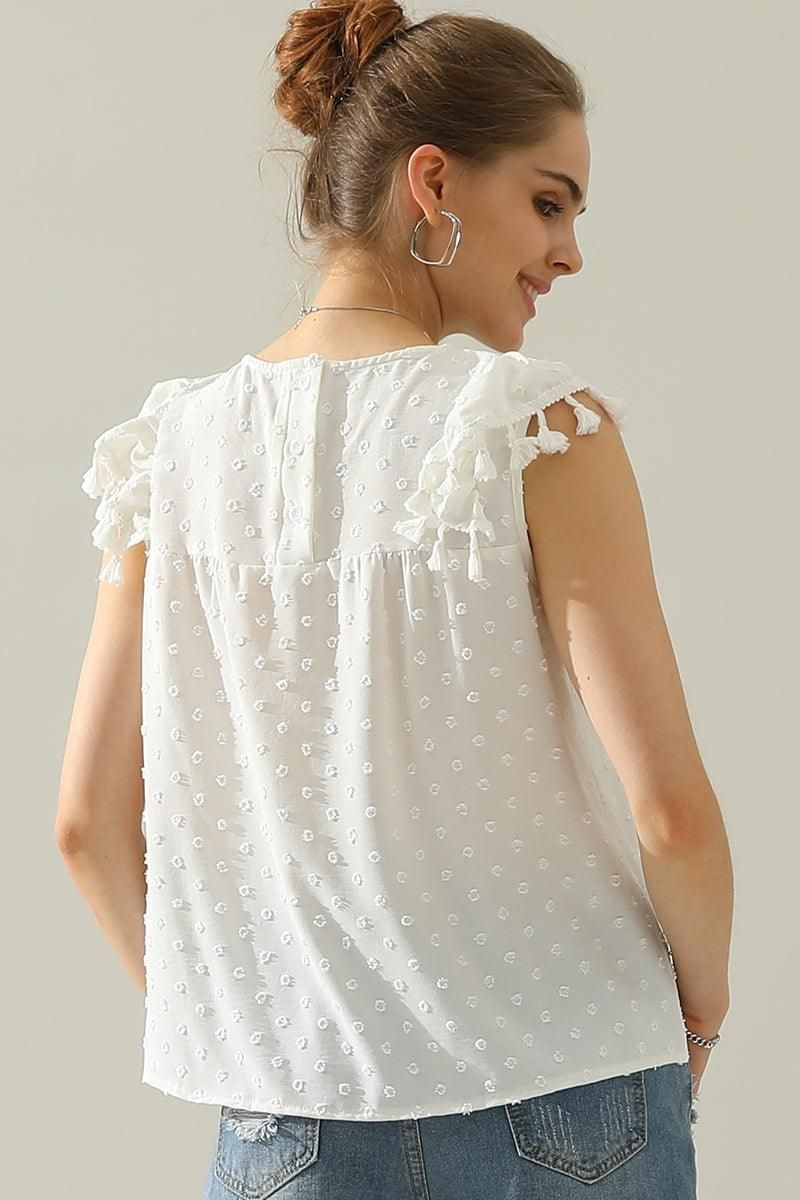 DOT LACE WRINKLED CHEST TASSEL CAP SLEEVE TEE - Doublju