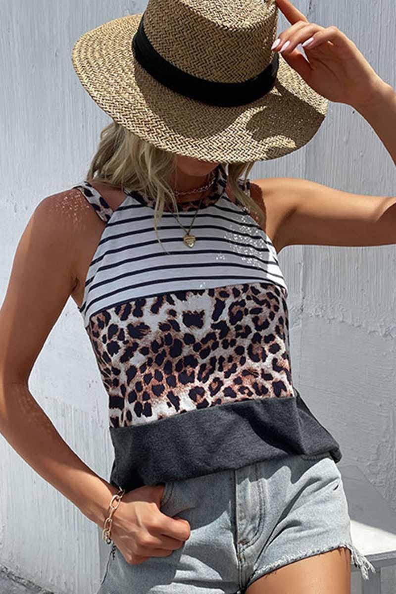 DOUBLE STRAP HALTER NECK BORDER PATTERN TEE - Doublju