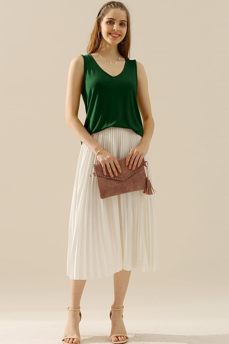 V NECK WIDE SLEEVELESS SOLID TEE SHIRTS TOPS - Doublju