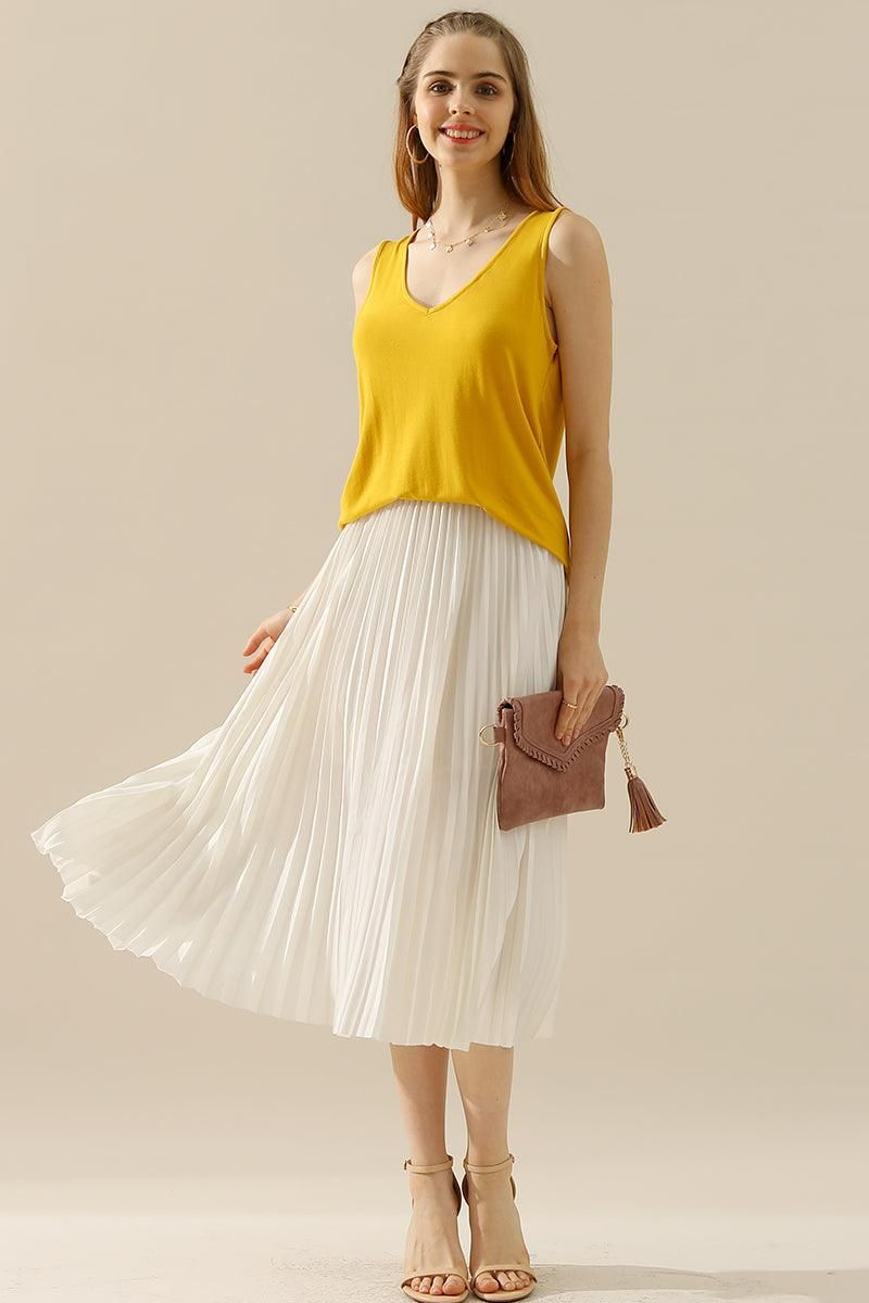 V NECK WIDE SLEEVELESS SOLID TEE SHIRTS TOPS - Doublju