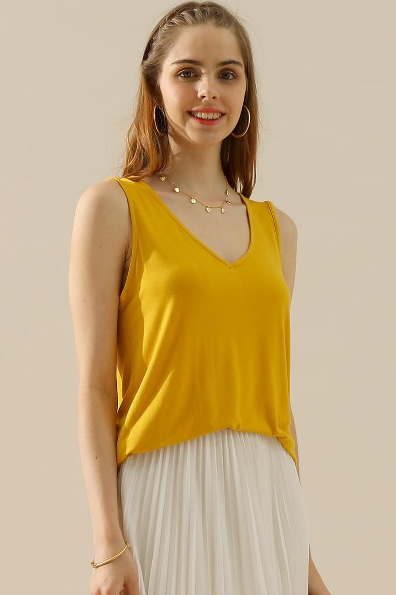 V NECK WIDE SLEEVELESS SOLID TEE SHIRTS TOPS - Doublju