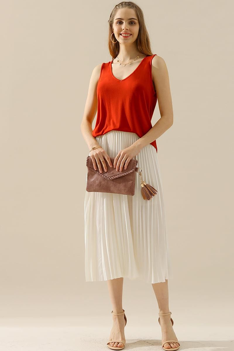 V NECK WIDE SLEEVELESS SOLID TEE SHIRTS TOPS - Doublju