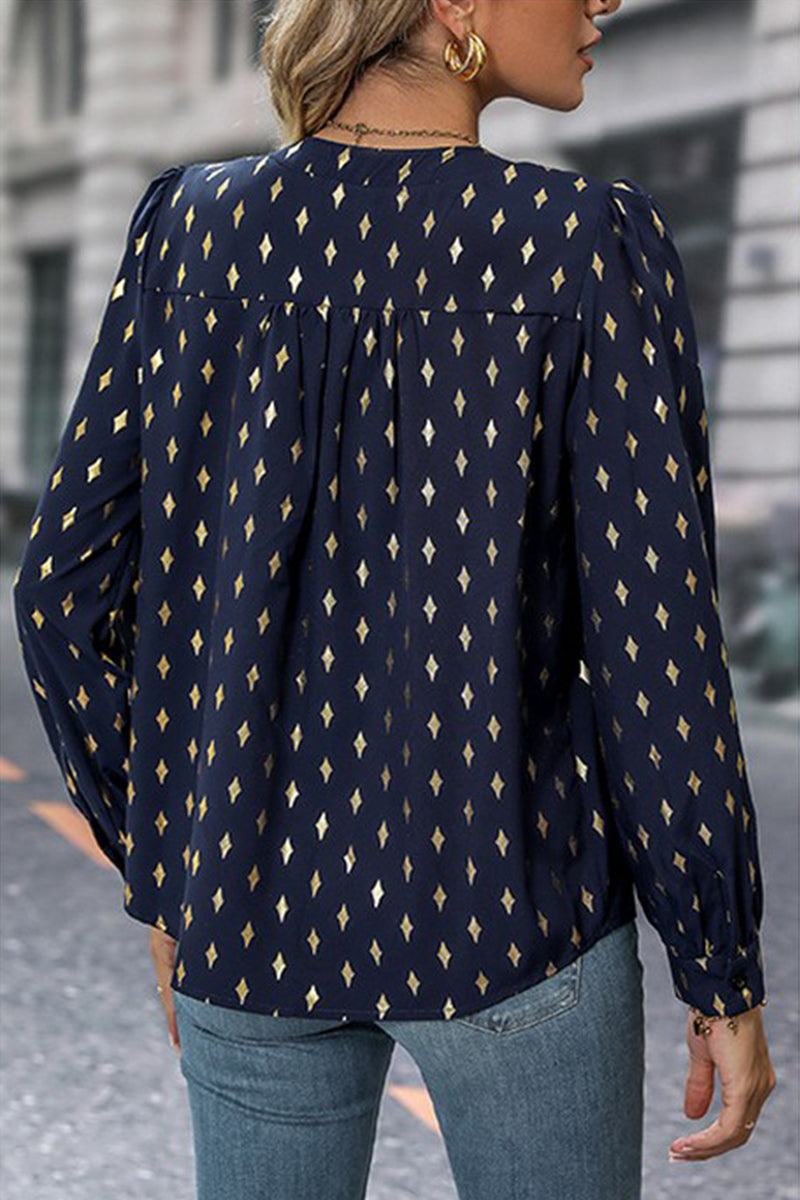 WOMEN DANDY PATTERNED V NECK PUFF SLEEVE BLOUSE