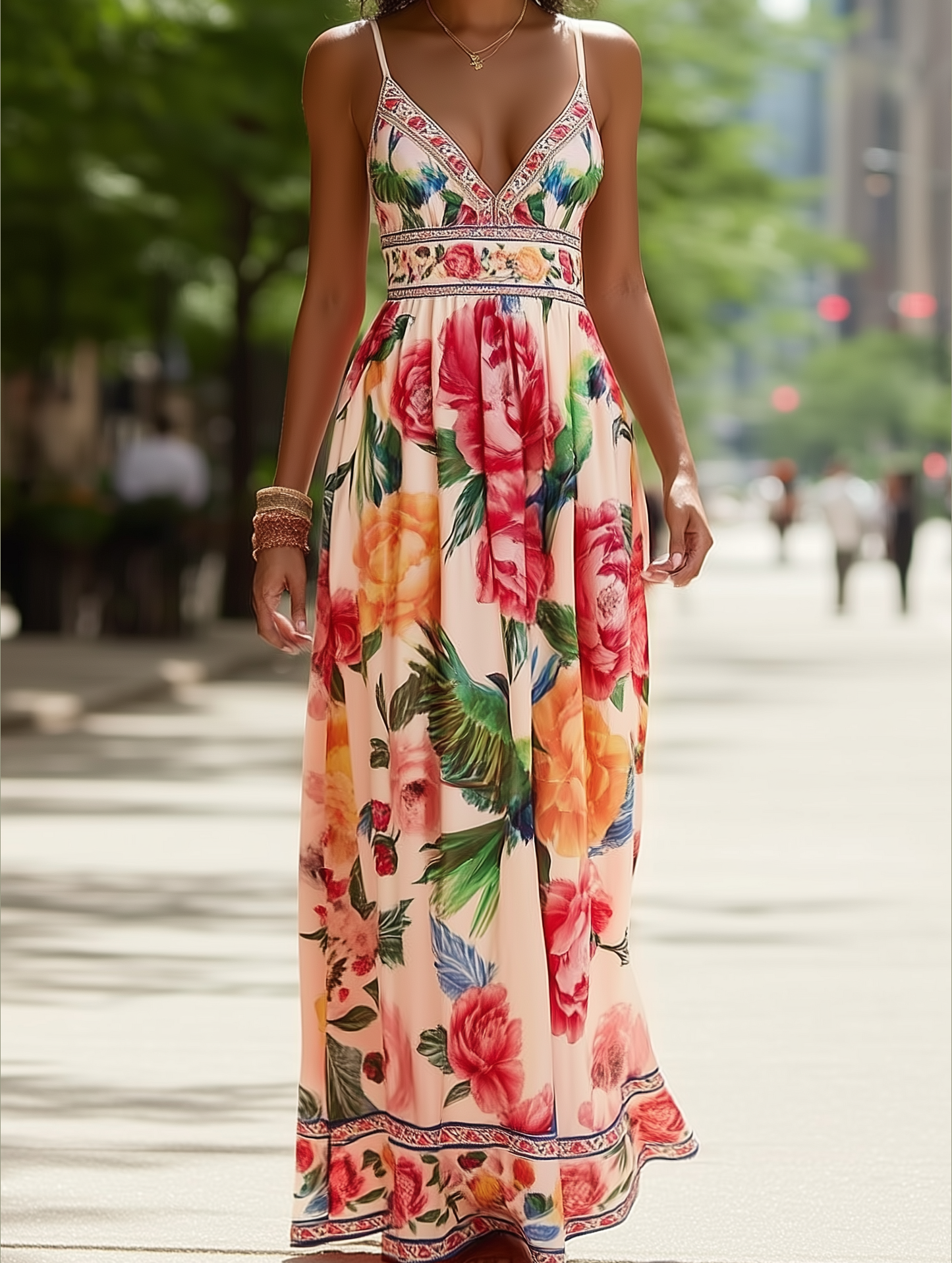 Verona Macaw & Peony Floral Print Resort Strappy Sundress ??Tropical Summer Flowy Dress