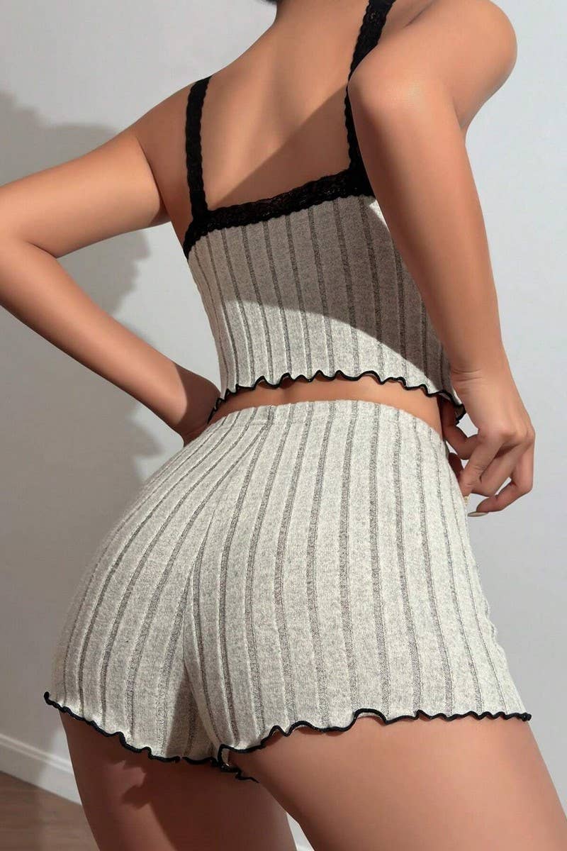 CWSPJ00487_LACE TRIM RIBBED CAMI AND SHORTS LOUNGEWEAR
