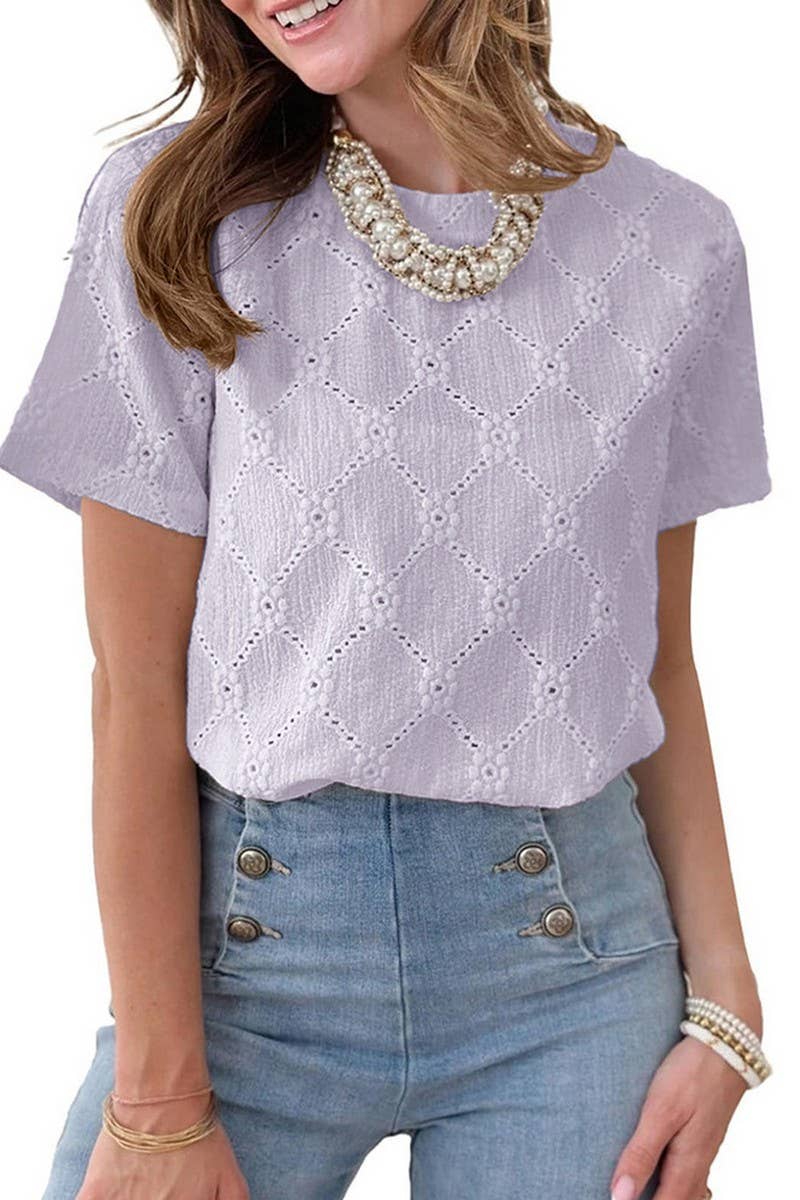 CWTTS1372_SUMMER ROUND NECK JACQUARD SHORT-SLEEVED T-SHIRT