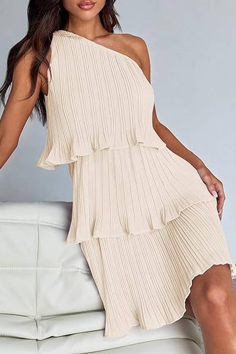 CWDSD7518_SUMMER OFF-SHOULDER LAYERED SOLID COLOR DRESS