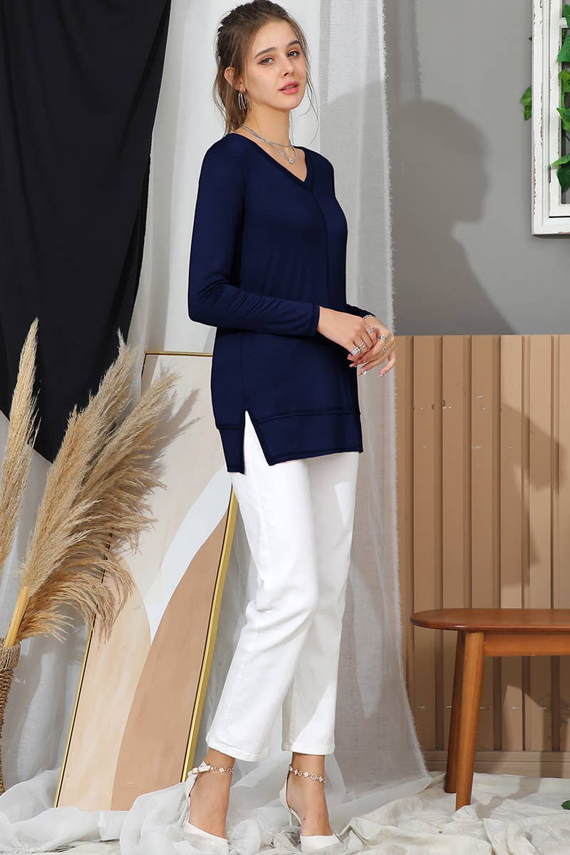 CWTTL968_LONG SLEEVE V NECK SIDE CUT OUT TUNIC TOP