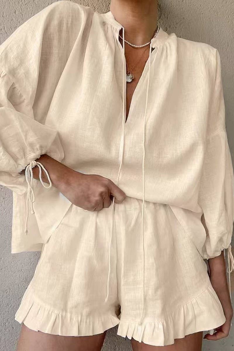 CWSS01300_V-NECK LOOSE LANTERN SLEEVE SHORTS TWO-PIECE SUIT