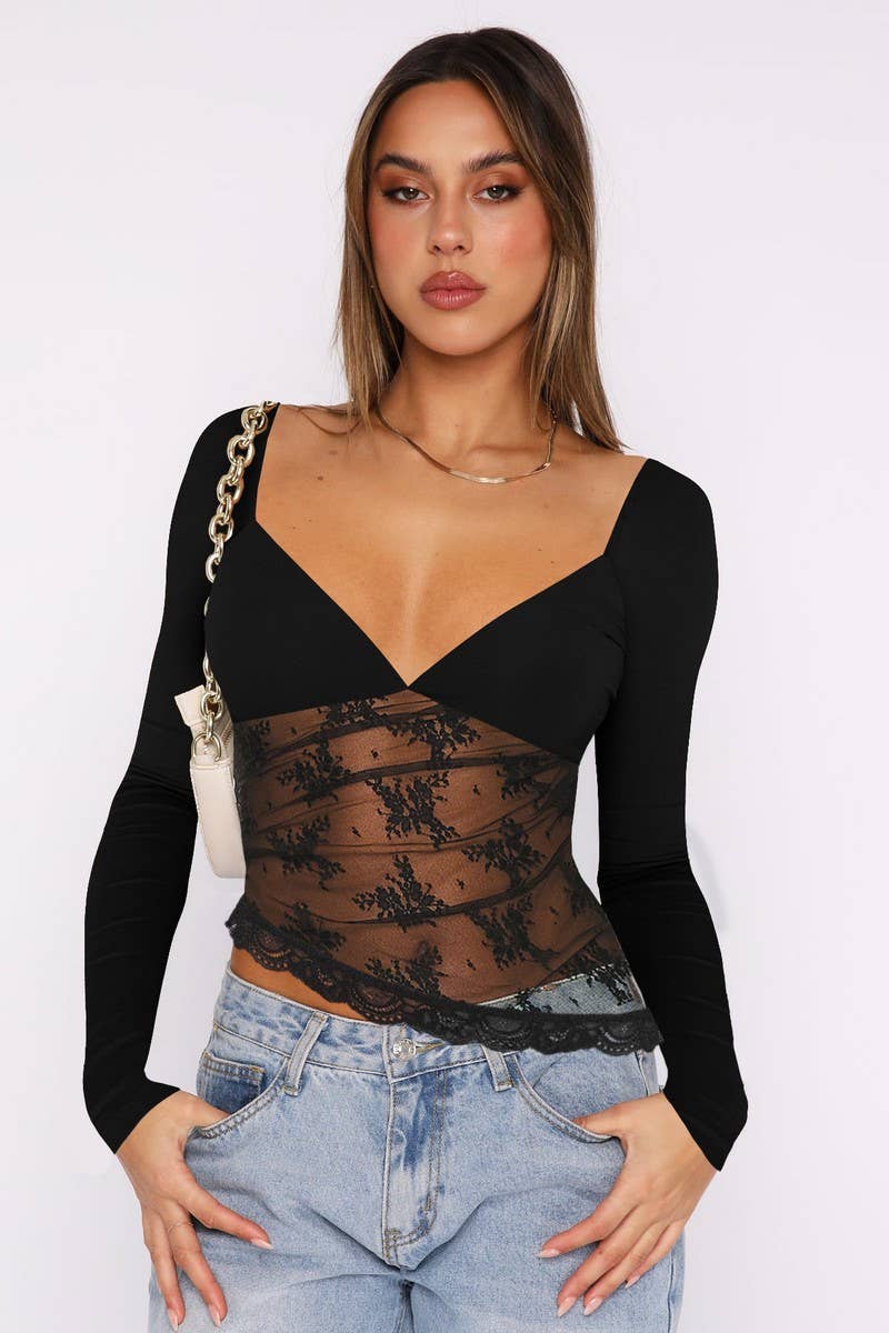 CWTBLL1614_SOLID COLOR V-NECK LACE PATCHWORK TOP