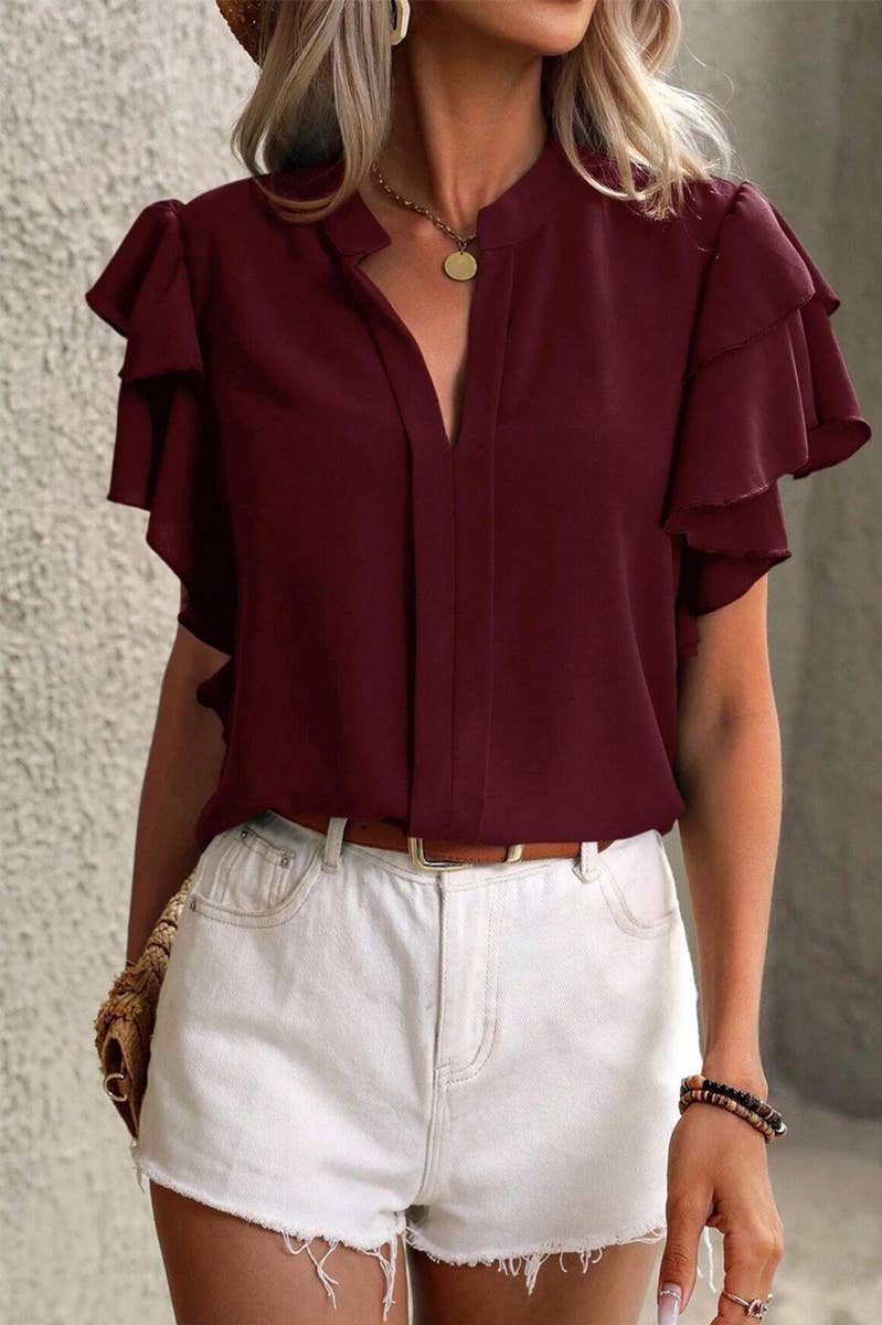 CWTSTS0666_SUMMER V-NECK CASUAL RUFFLE SLEEVE SHIRT