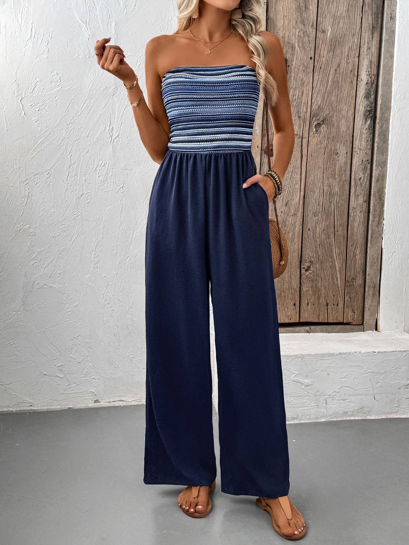 Casual striped patchwork elastic waist jumpsuit