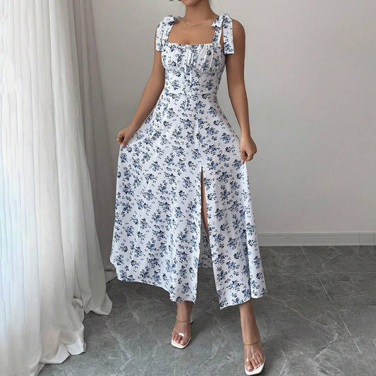 Floral design, halter straps and slits long dress