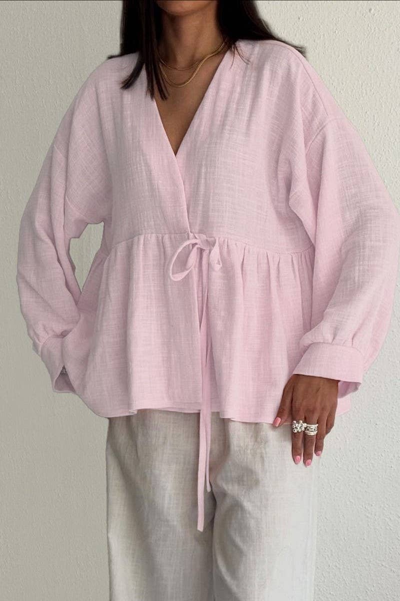 CWSTB00480_2025 SPRING FALL V NECK COTTON LINEN PANTS SET