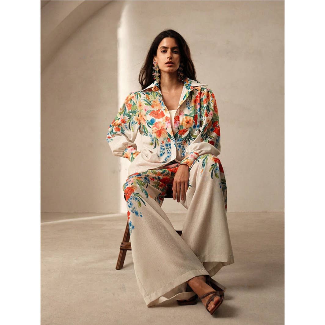 Fashion floral printed shirt and trousers set