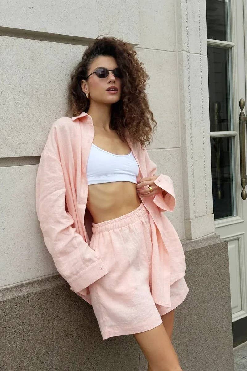 CWSTB00383_COTTON CARDIGAN LONG SLEEVE SHORTS SET