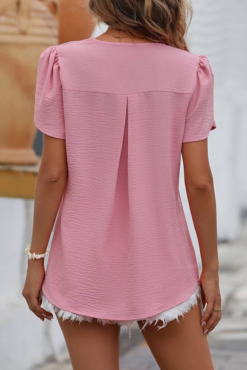 CWTBLS0317_V Neck Ruffle Short Sleeve Blouse