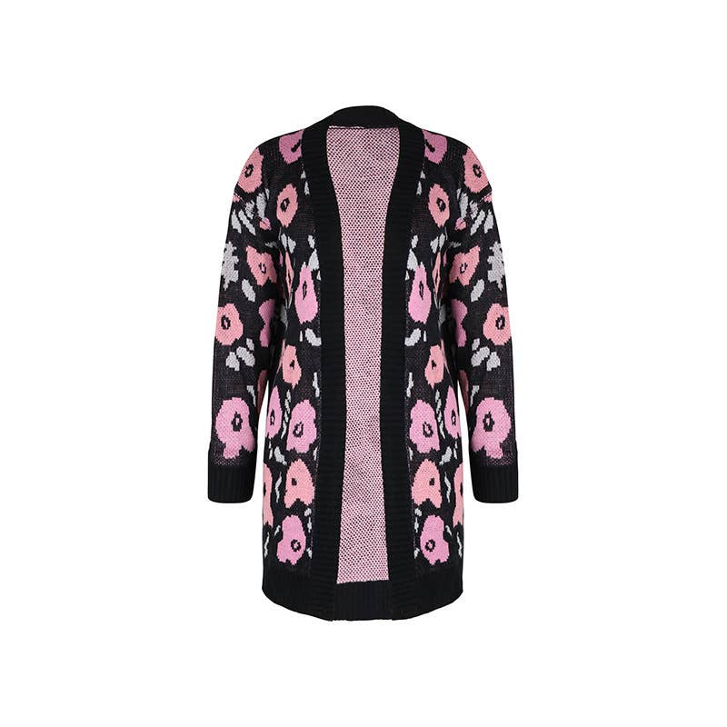 Contrast color flower jacquard long cardigan