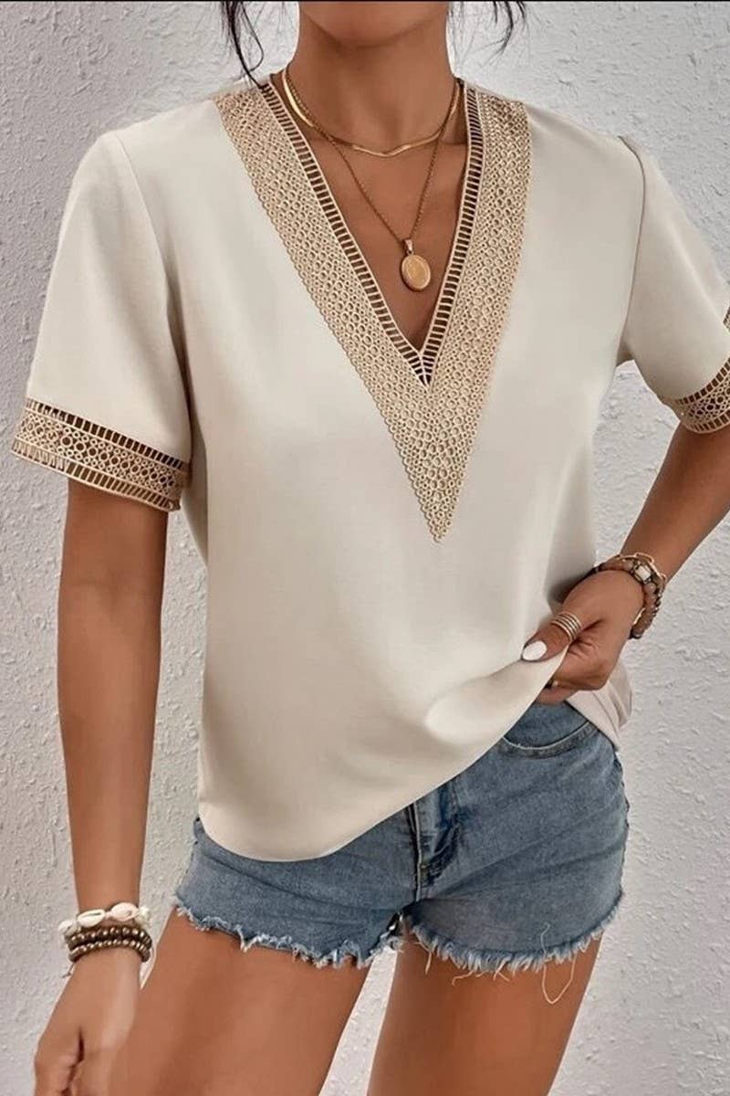 CWTBLS0826_V-NECK LACE CASUAL SOLID COLOR SHIRT