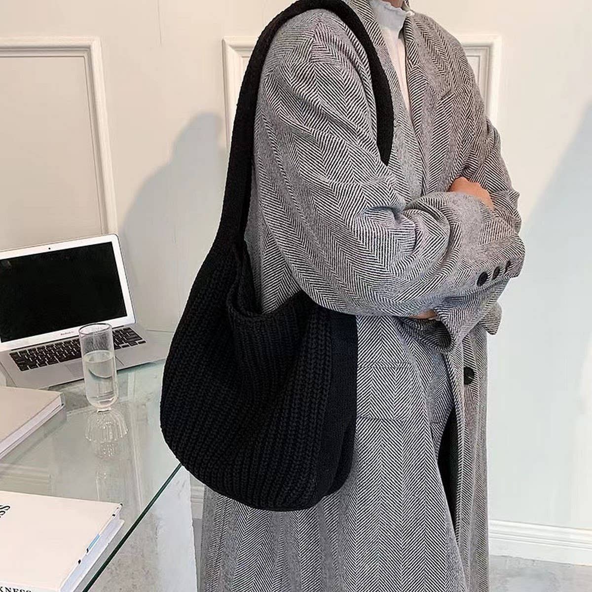 CWAB4578_SOLID COLOR KNITTED CROSSBODY SHOULDER BAG