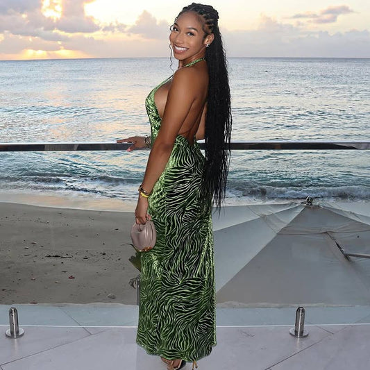 Backless V-Neck Halter Floral Bodycon Dress