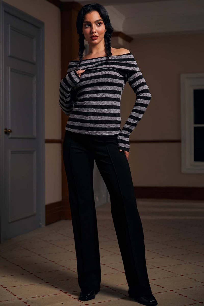 CWTBLL3967_COLORBLOCK OFF SHOULDER STRIPED SLIM FIT TEE