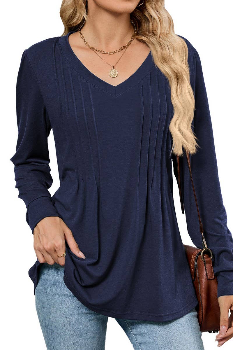 CWTBLL01306_V NECK RIBBED SOLID LONG SLEEVE CASUAL TEE