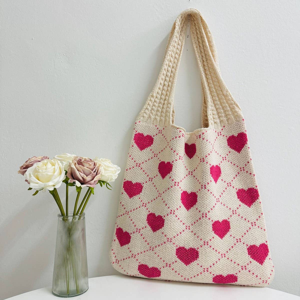 CWAB5064_SHOPPING KNITTED HEART PATTERN WOVEN BAG