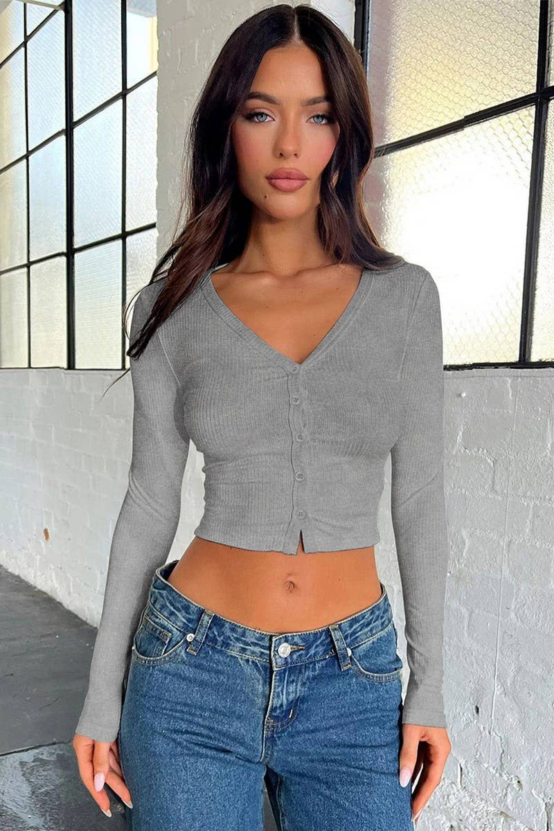 CWTTL2051_SEXY NAVEL-BARING THREADED BUTTON SHOULDER T-SHIRT