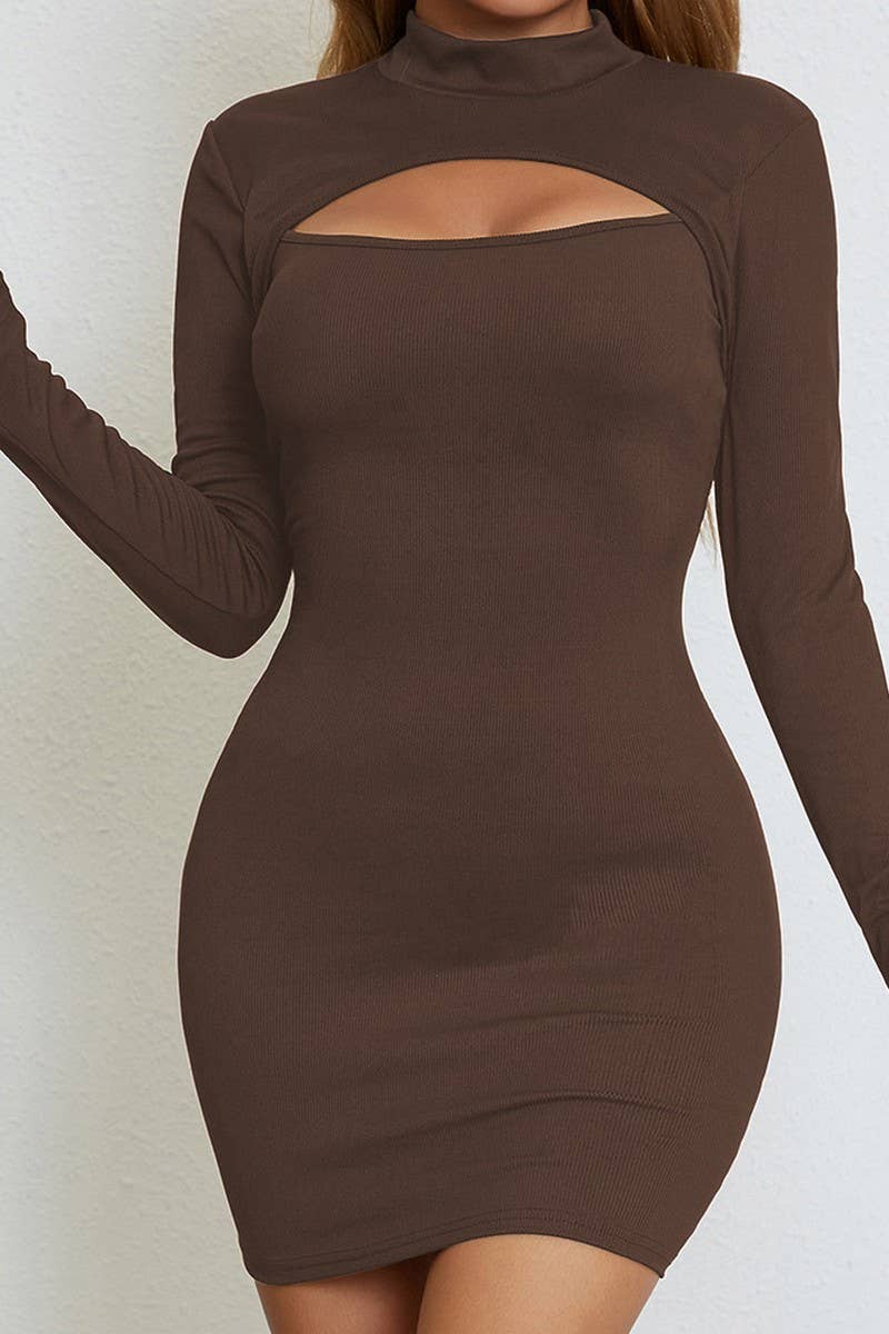 CWDSD10789_SEXY CHEST CUTOUT LONG SLEEVE DRESS