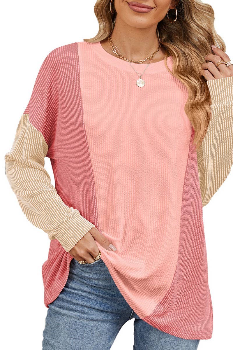 CWTBLL2358_ROUND NECK LOOSE STITCHING LONG SLEEVE TOP