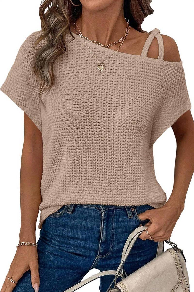 CWTBLS1617_SOLID COLOR OFF-SHOULDER SHORT-SLEEVED KNIT TOP