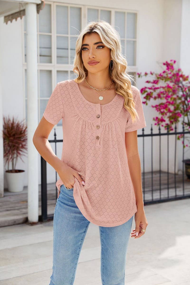 CWTBLS0435_Round Neck Short Sleeve Blouse