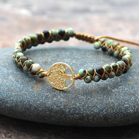 TREE SHAPED PENDANT NATURAL STONE WOVEN BRACELET