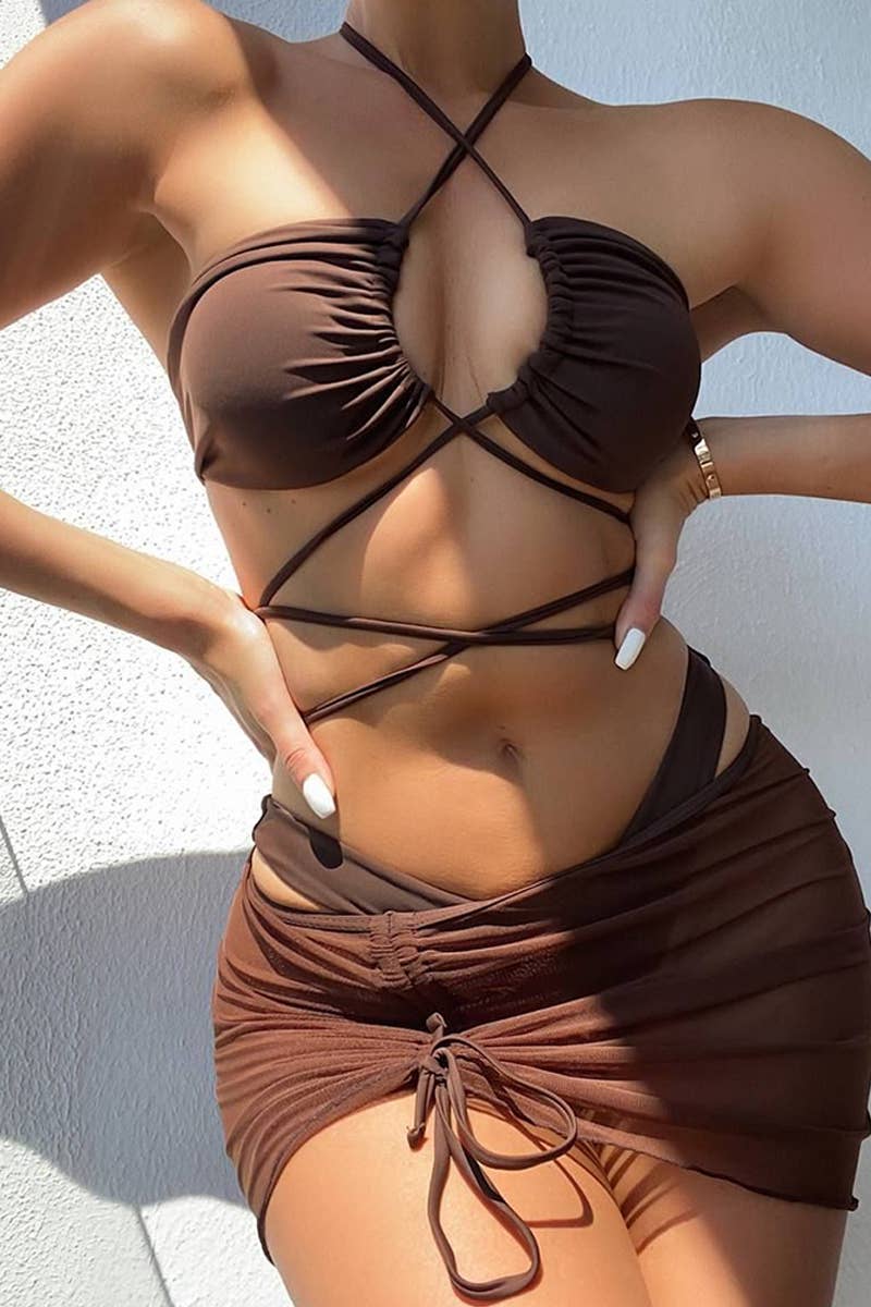 CWMW0804_WOMEN'S TWO-PIECE SOLID COLOR SWIMSUIT