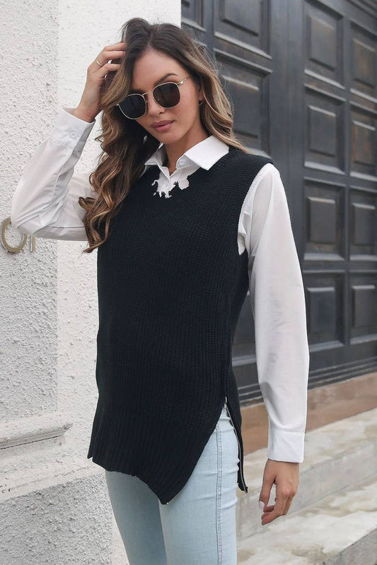 CWOV0503_SIDE ZIPPER V-NECK KNITTED SWEATER VEST