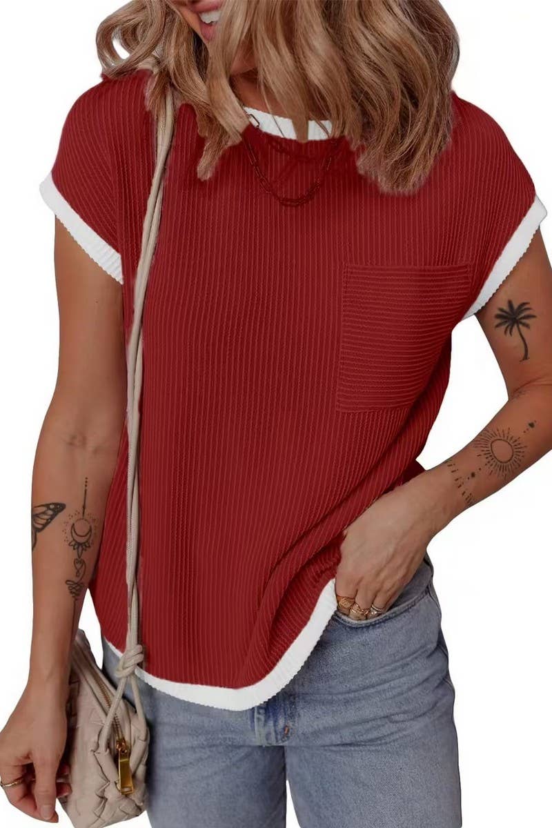 CWTBLS1772_RIBBED POCKET KNIT SHORT SLEEVE T-SHIRT TOP