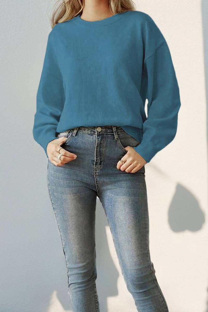 CWOSWL3740_ROUND NECK LONGSLEEVE SOLID COLOR KNITTED SWEATER