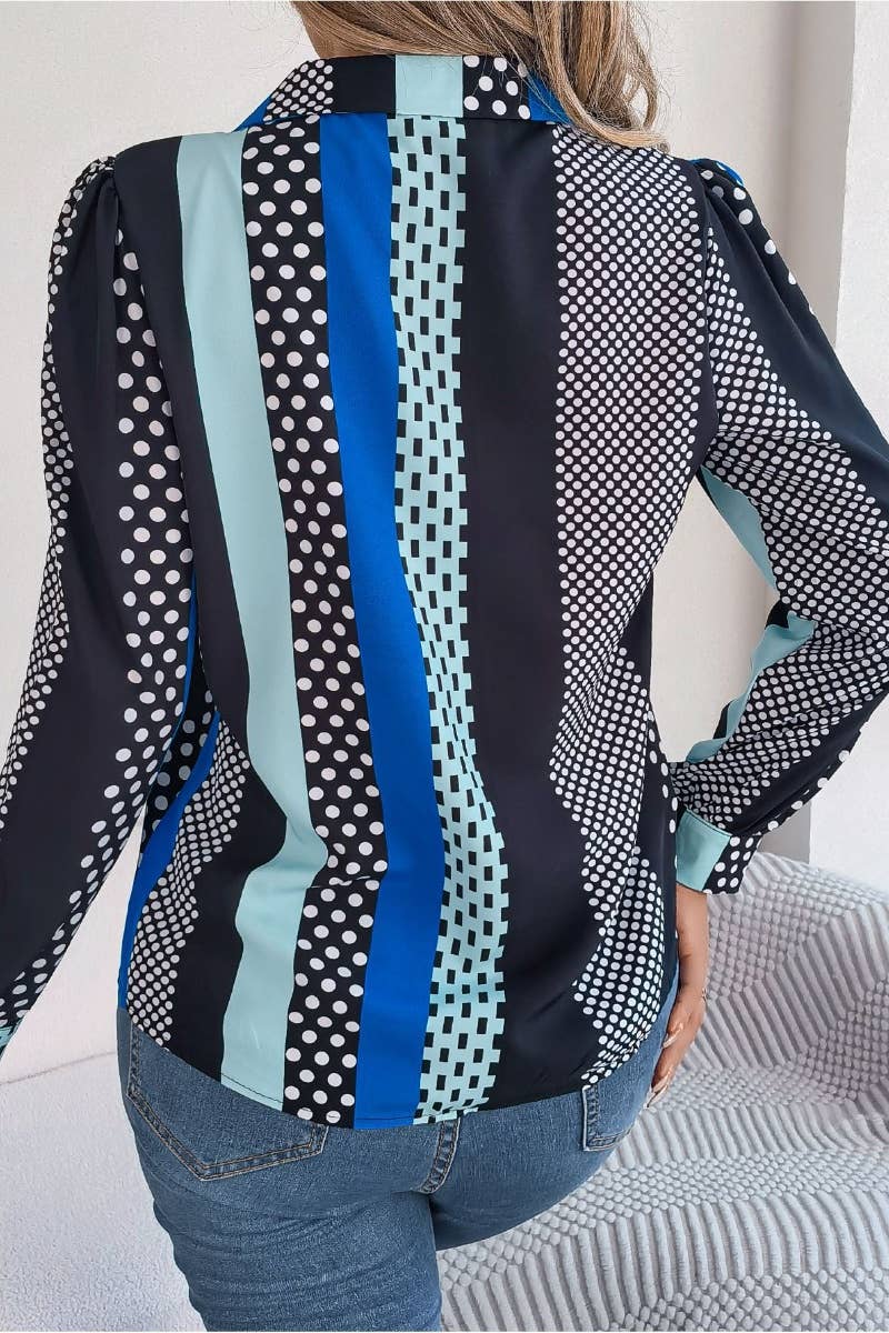 CWTSTL2129_AUTUMN POLKA DOT STRIPED LONG-SLEEVED SHIRT TOP