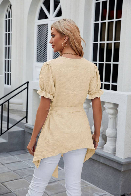 CWTBLS0445_V-Neck Short Sleeve Lace Trim Top