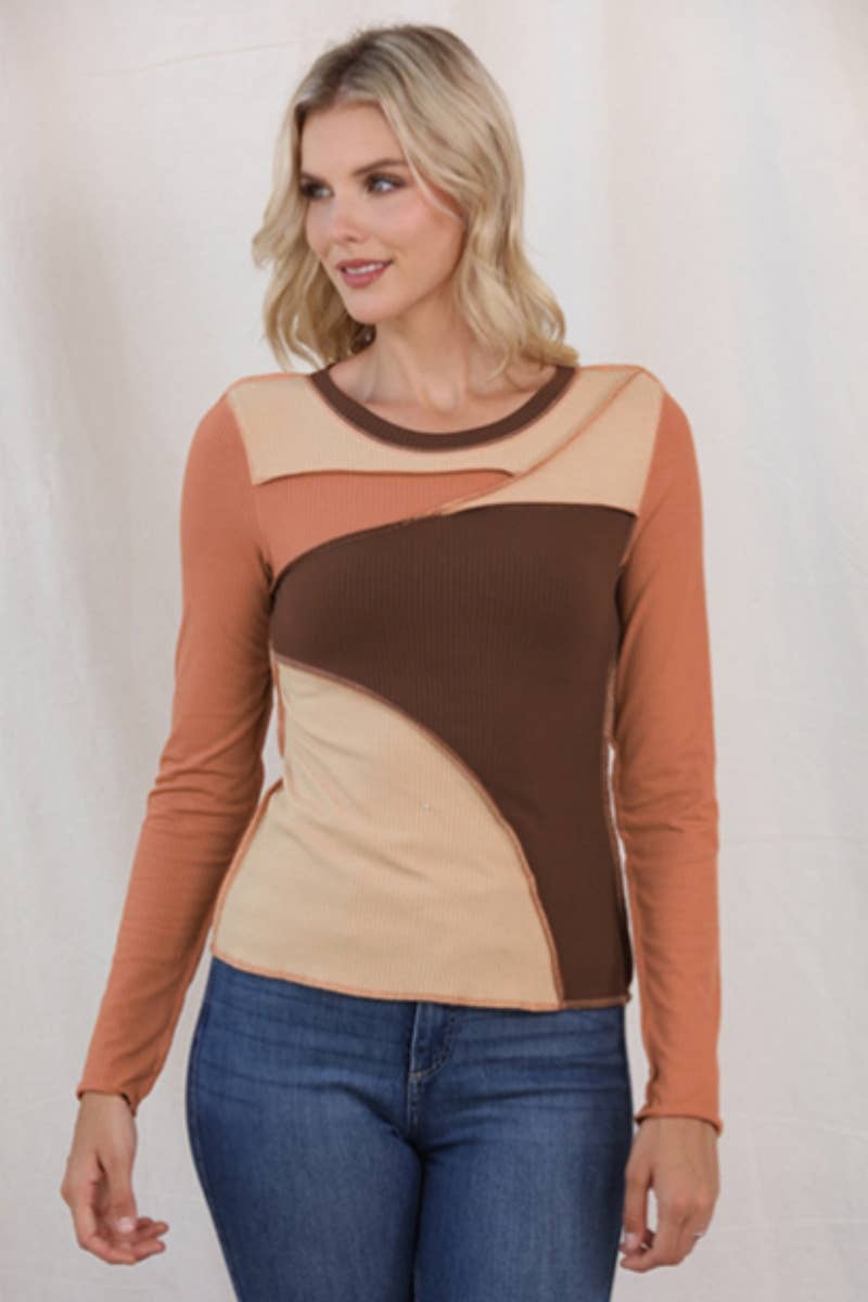 CWOSWL3005_KNIT CREW NECK LONG SLEEVE COLOR CONTRAST TOP